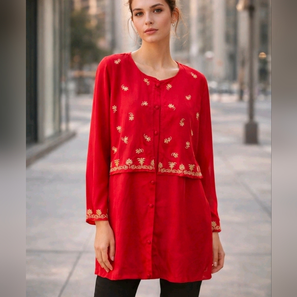 Diane Von Furstenberg New DVF Red Embroidered Silk Tunic Blouse SZ Large Artsy